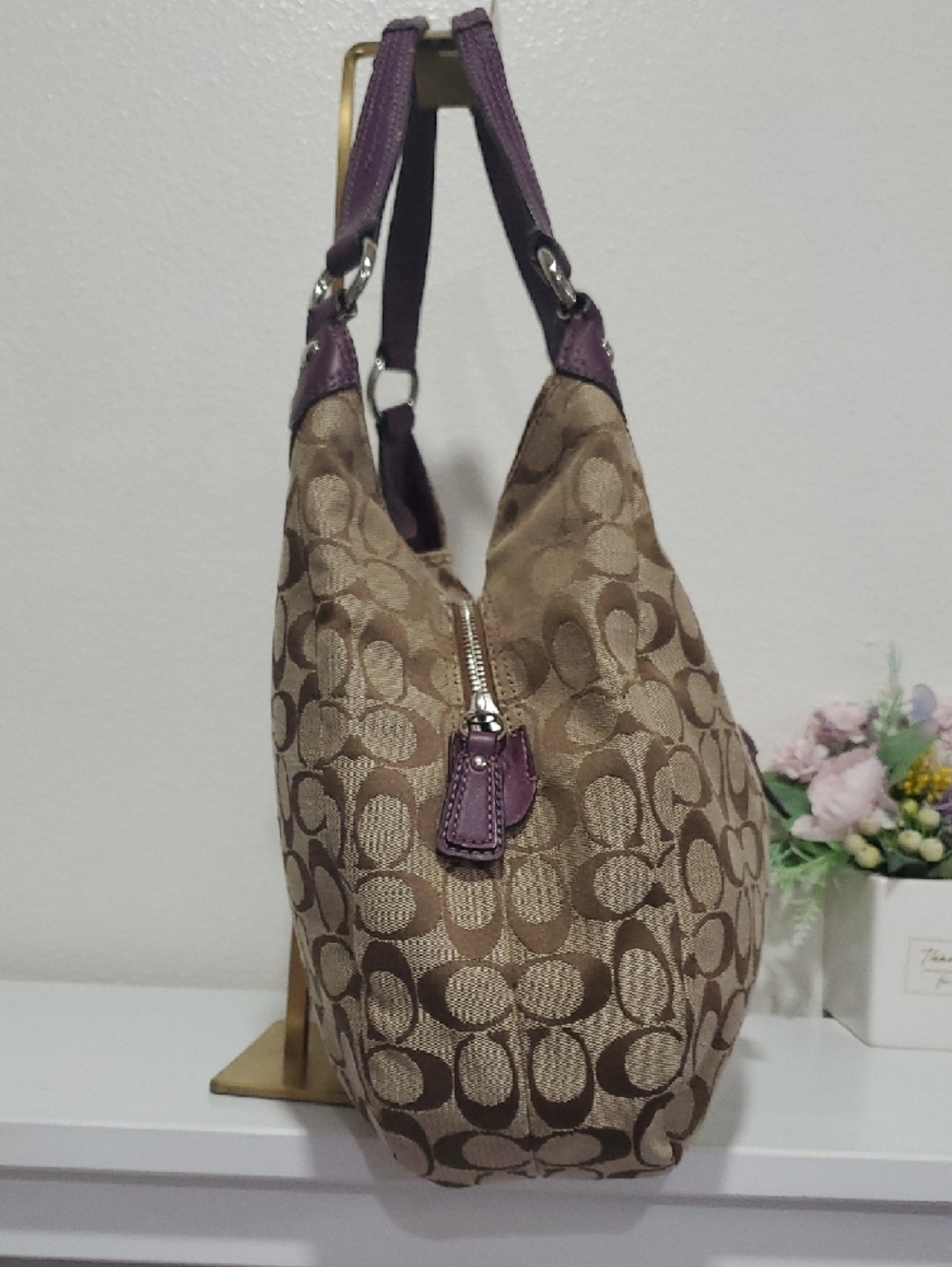 Coach Soho Lynn Signature Hobo Shoulder Bag/Purple Leather Trim💜🤎 - Picture 7 of 16